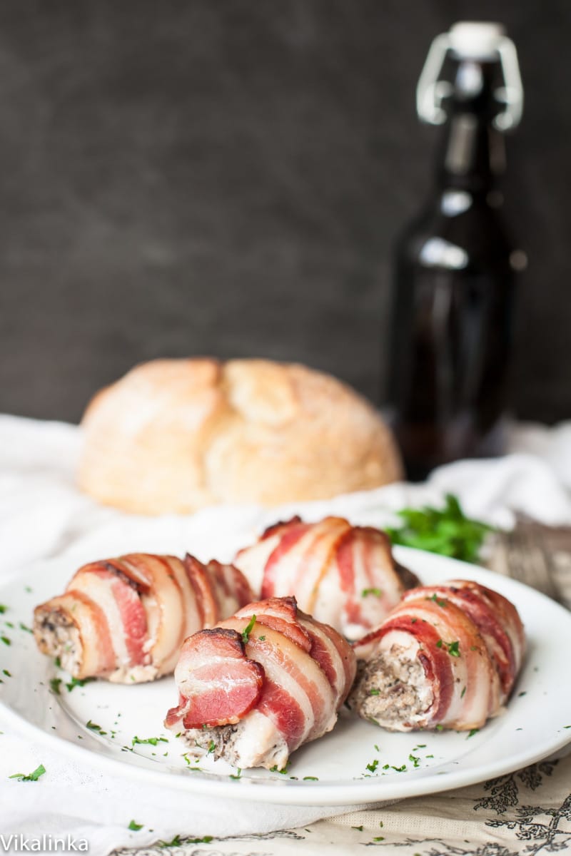 Bacon Wrapped Chicken Thighs Stuffed with Mushrooms and Goat Cheese
