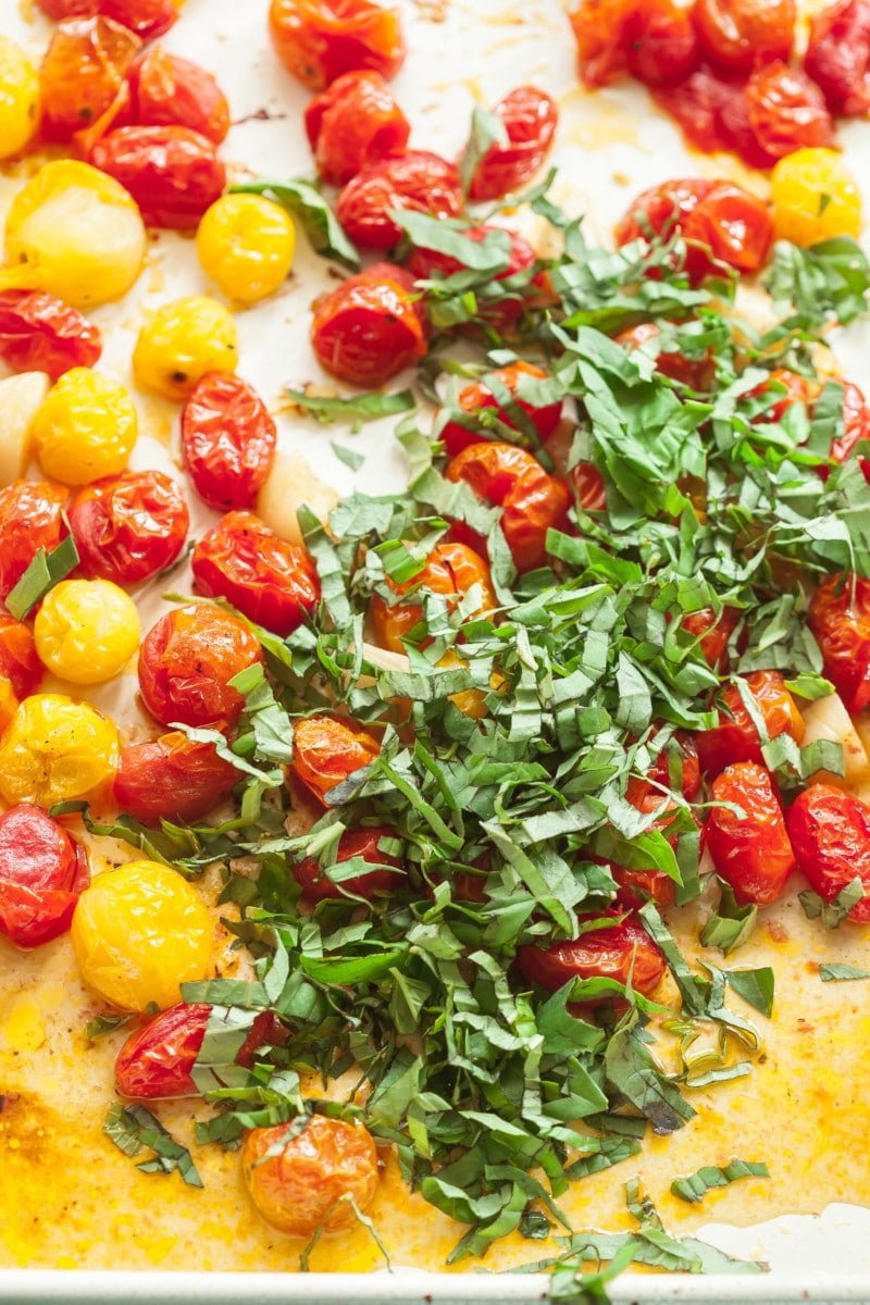 roasted cherry tomatoes on a pan topped with fresh sliced basil