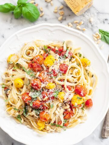 fettuccine tossed with roasted cherry tomatoes and basil