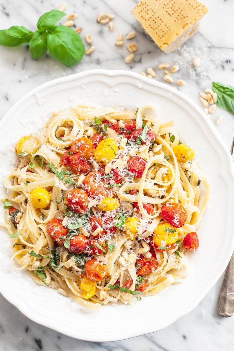 fettuccine tossed with roasted cherry tomatoes and basil