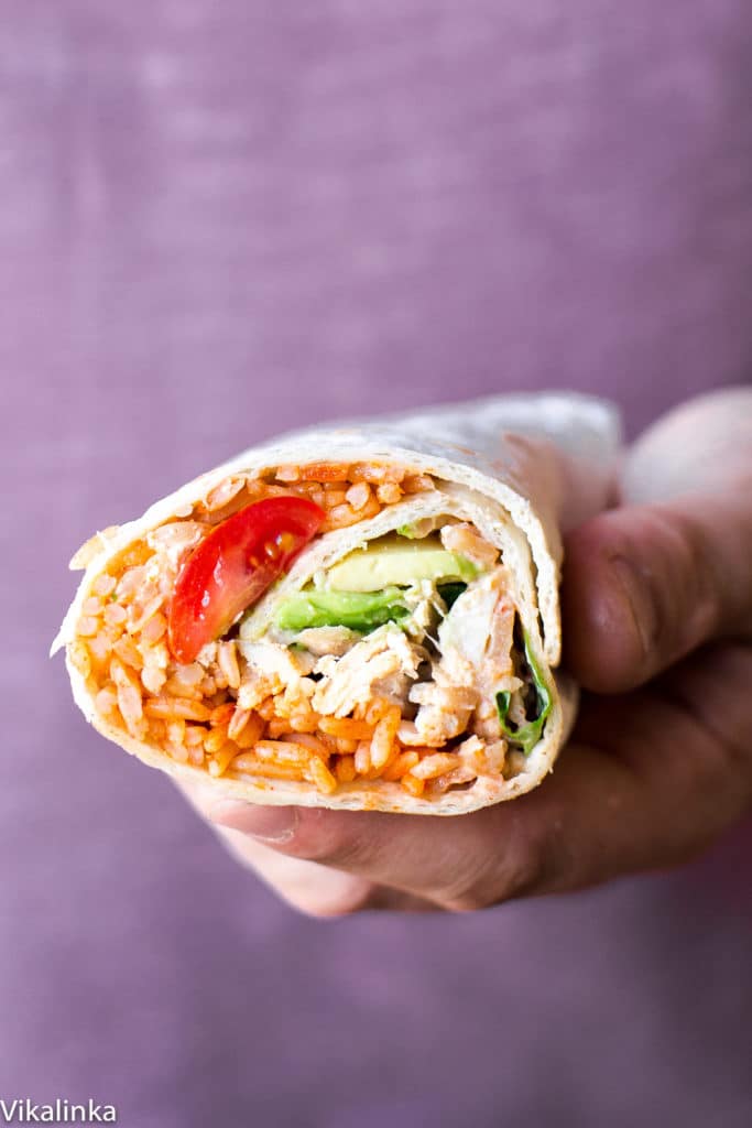 Delicious Peri Peri Rice and Chicken Wrap with Avocado and Spicy Yogurt Sauce. Your lunch just got very exciting!