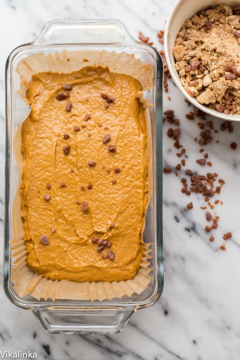 unbaked pumpkin bread batter in a pan