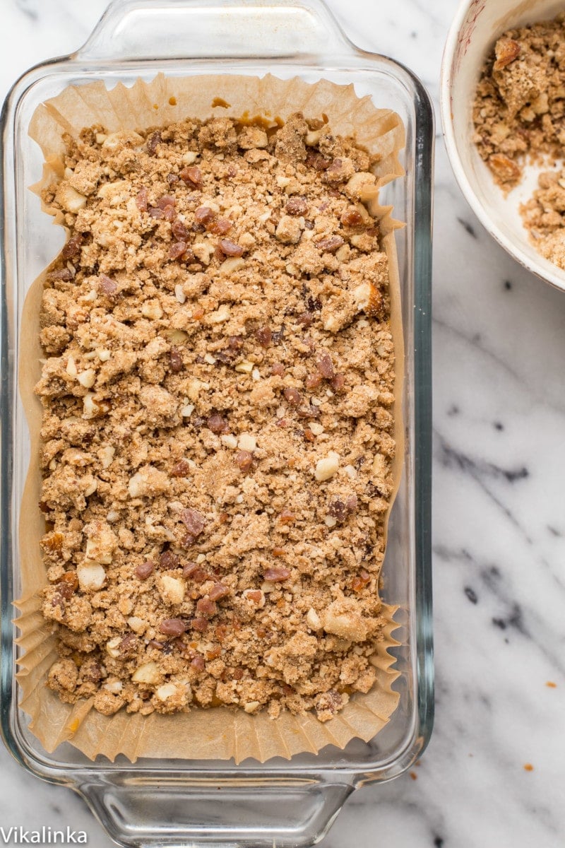 top down view of streusel topped sweet bread in a pn