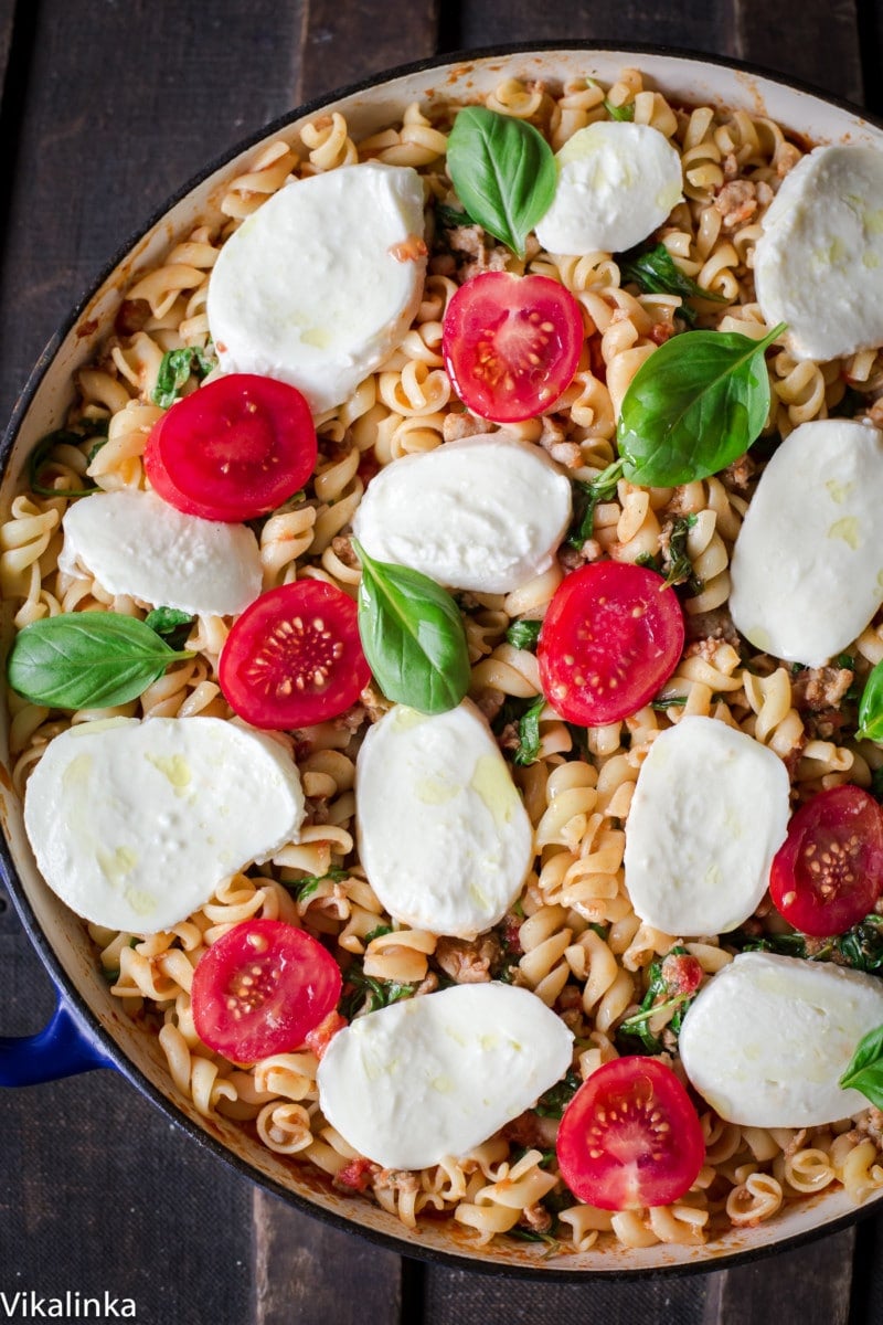 Baked Fusilli with sausage, arugula and fresh mozzarella.