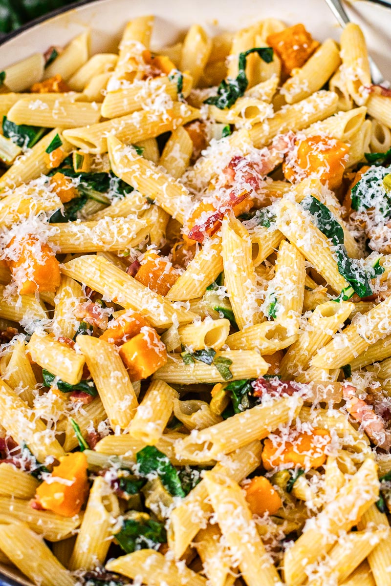 penne pasta with squash, pancetta and chard sprinkled with Parmesan closeup