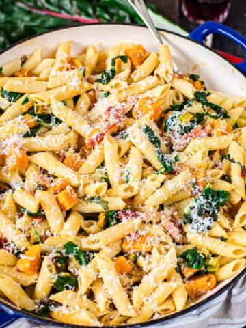 penne pasta with squash, bacon and chard