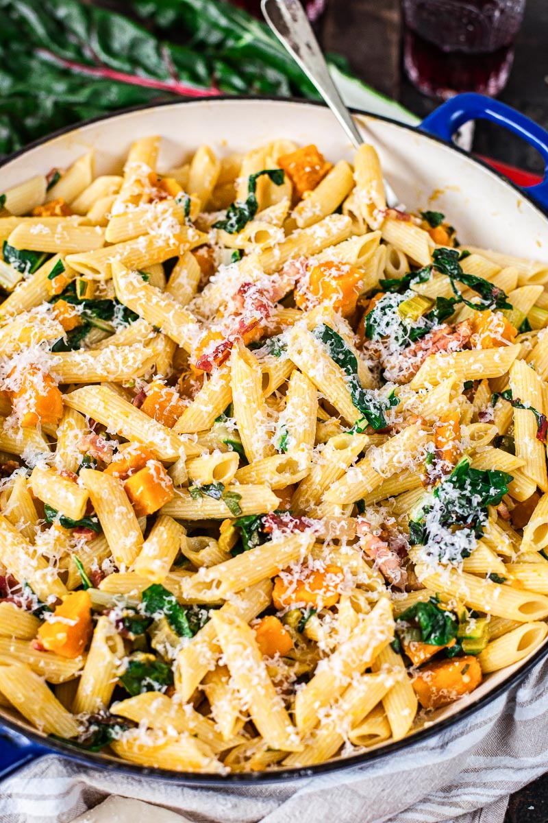 penne pasta with squash, bacon and chard