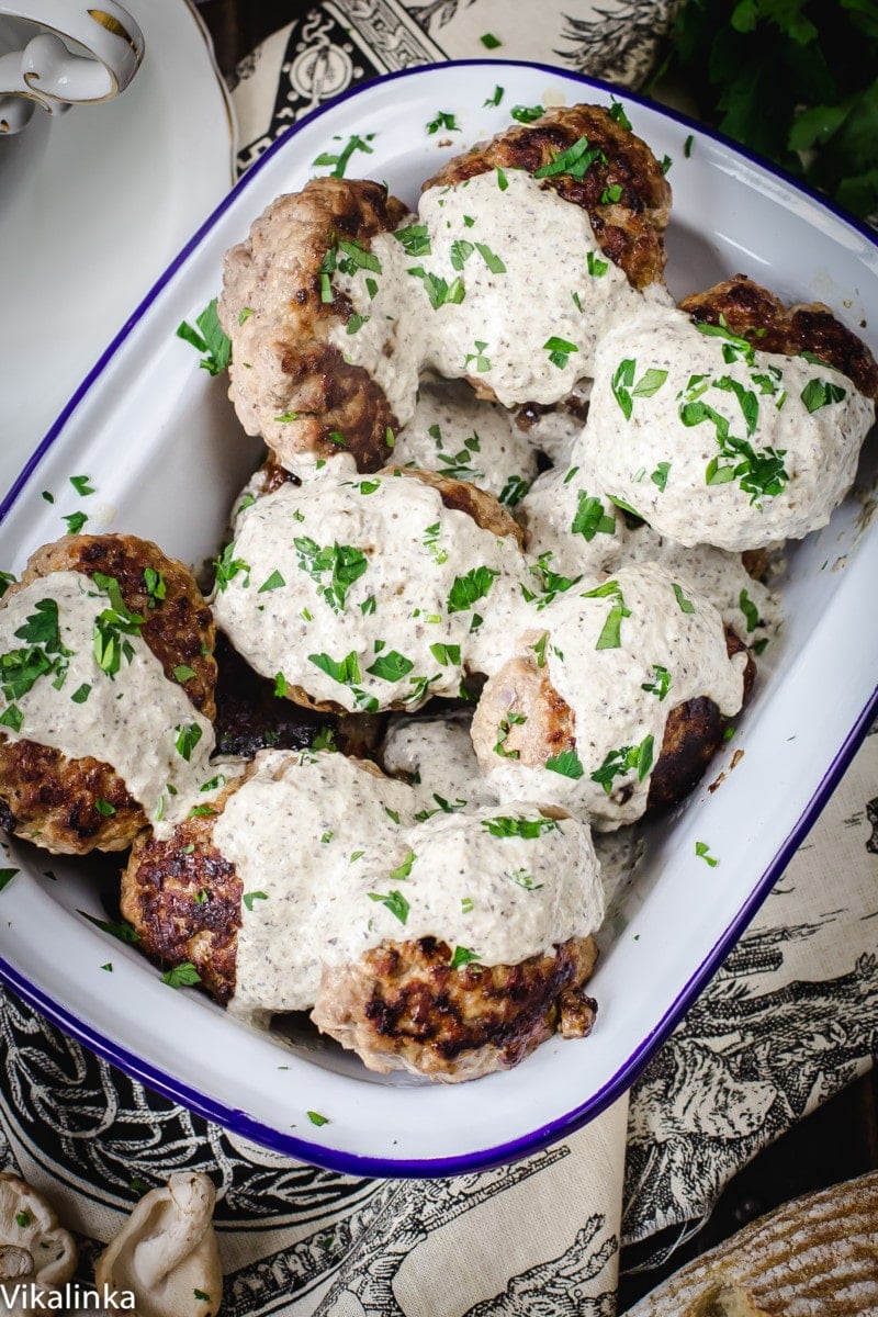 Russian Meat Patties 'Kotleti' with Wild Mushroom Sauce - Vikalinka