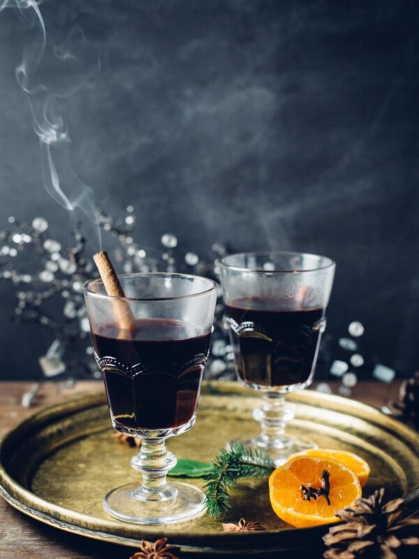 Two stemmed glasses with mulled wine