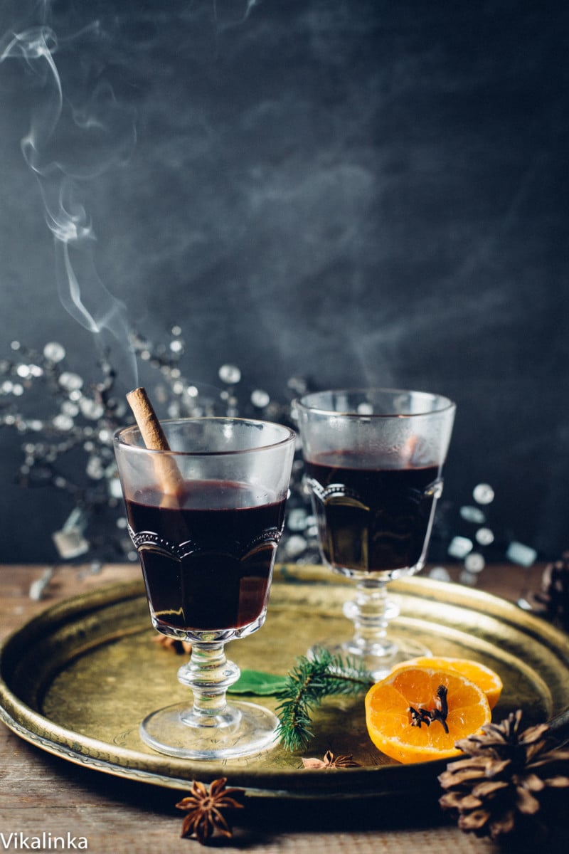 Two stemmed glasses with mulled wine