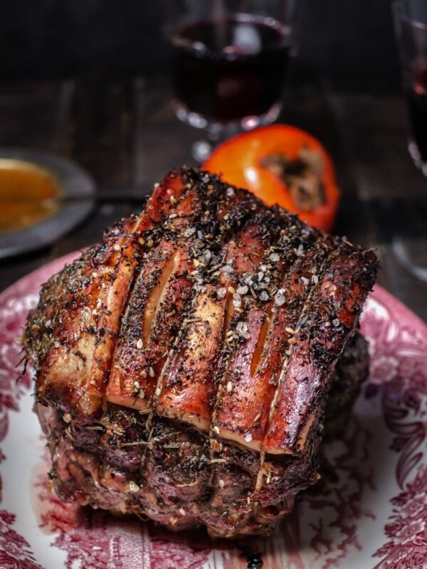 Cooked pork roast on a serving platter