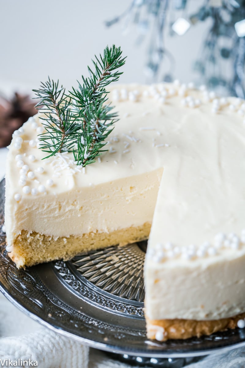 cake on a platter with slice removed