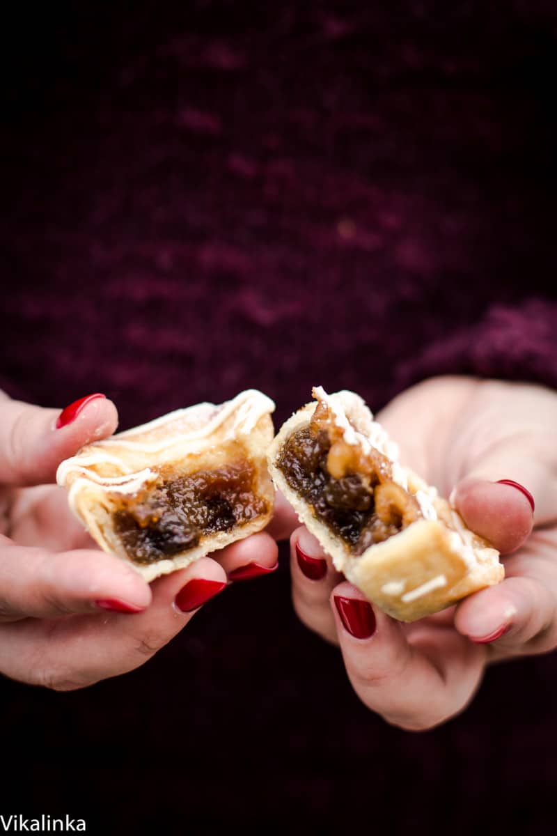 Maple Butter Tart broken in half with filling exposed