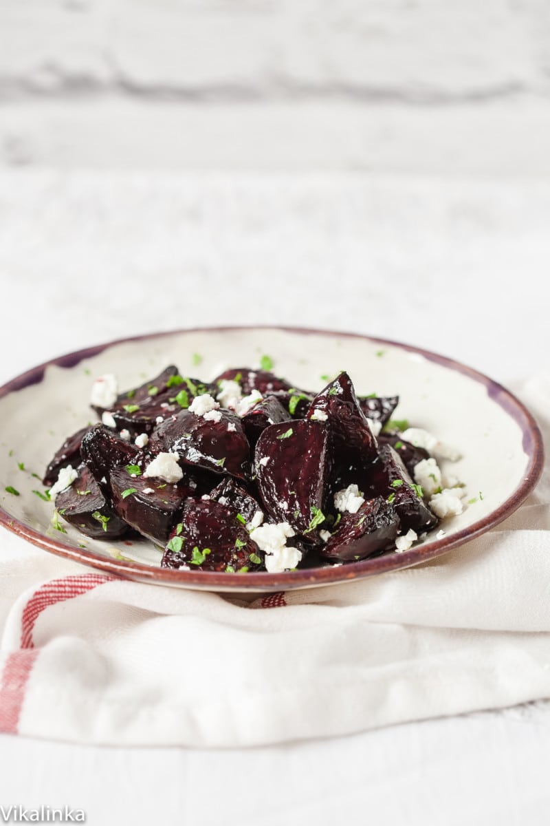 Beetroot pieces on a plate as part of balsamic glazed beets