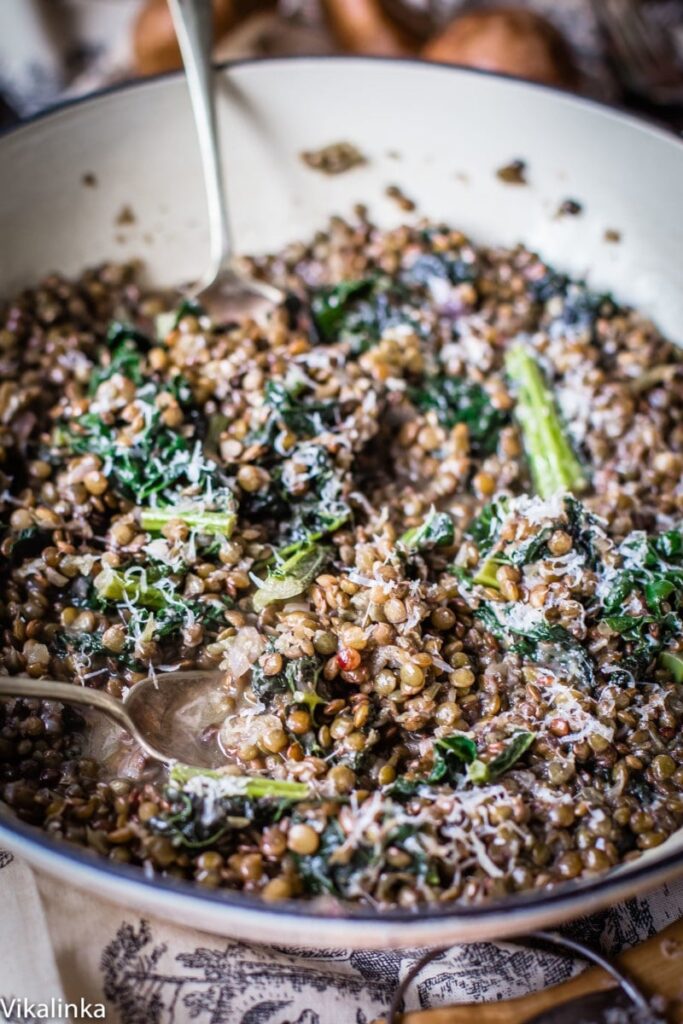 lentils and kale sprinkled with parmesan