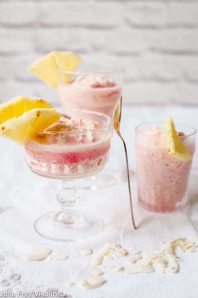 blood orange pina colada topped with pineapple slices