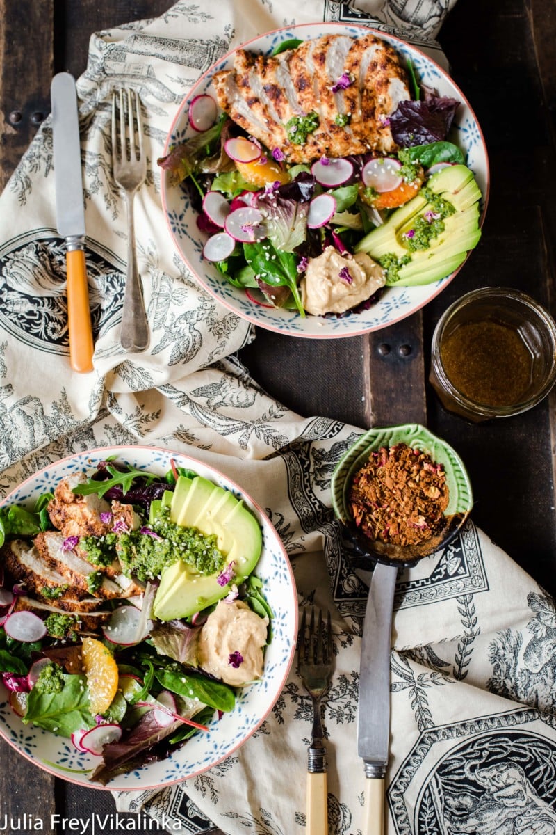 This Middle Eastern inspired salad with aromatic grilled chicken breast, avocado, baba ganoush and zesty zhoug dressed with pomegranate vinaigrette will make for a healthy and delicious meal!