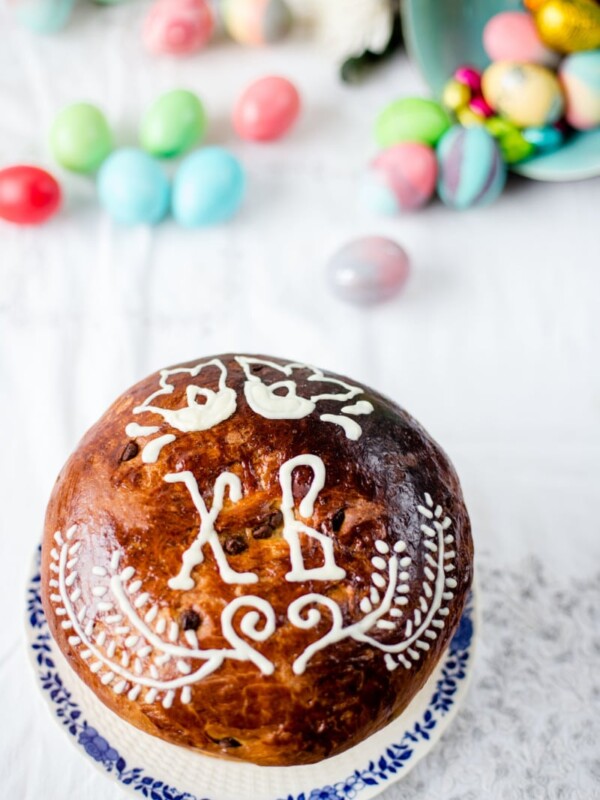Easter Bread Kulich and Easter eggs in the background