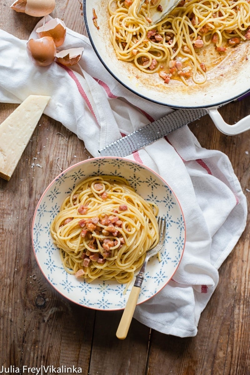 Top down view of pasta in a bowl and pot