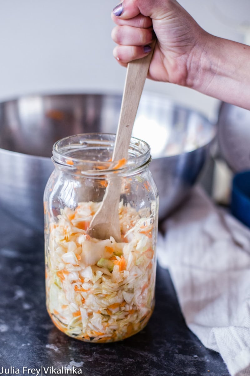 close up of Russian sauerkraut in a jar