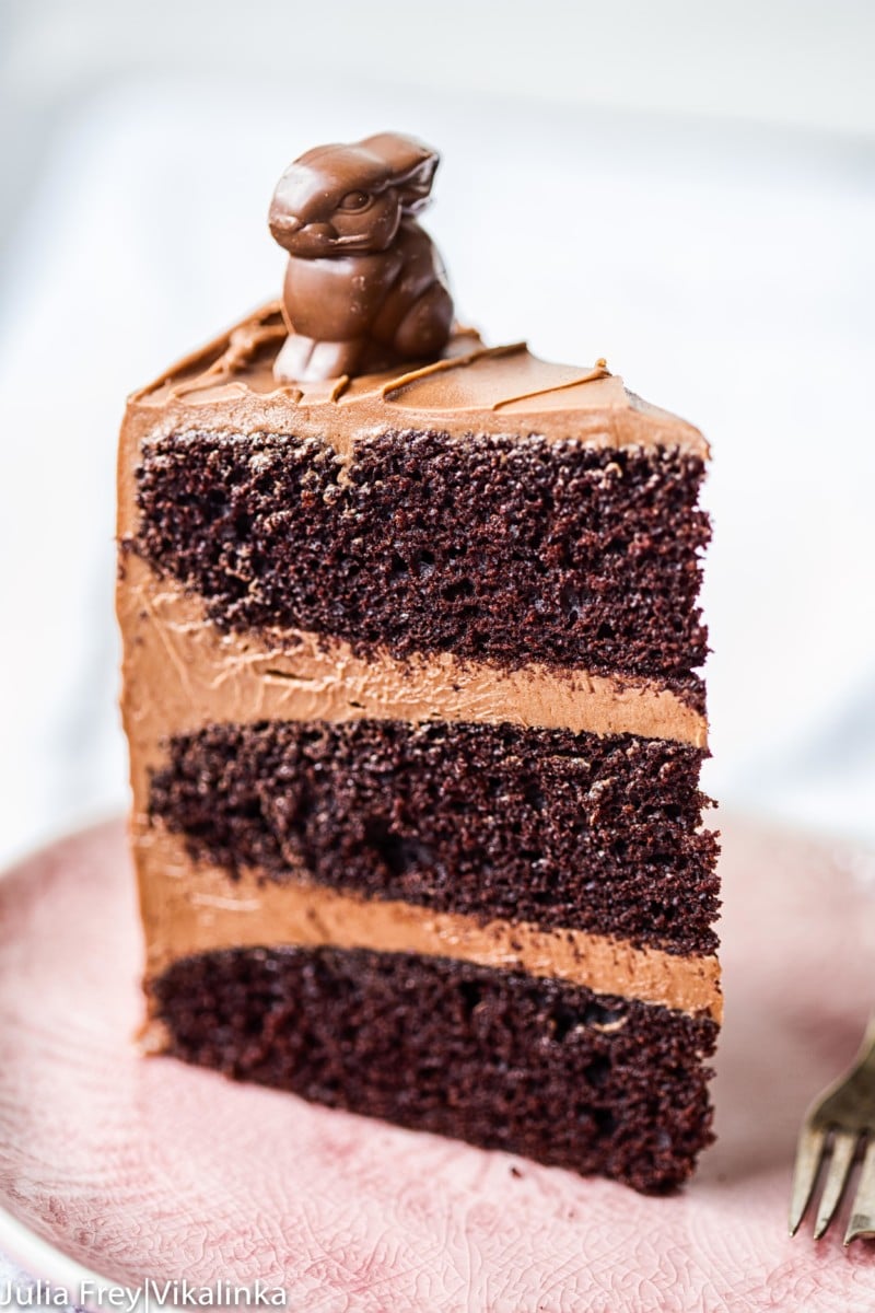 side shot of malted chocolate cake slice