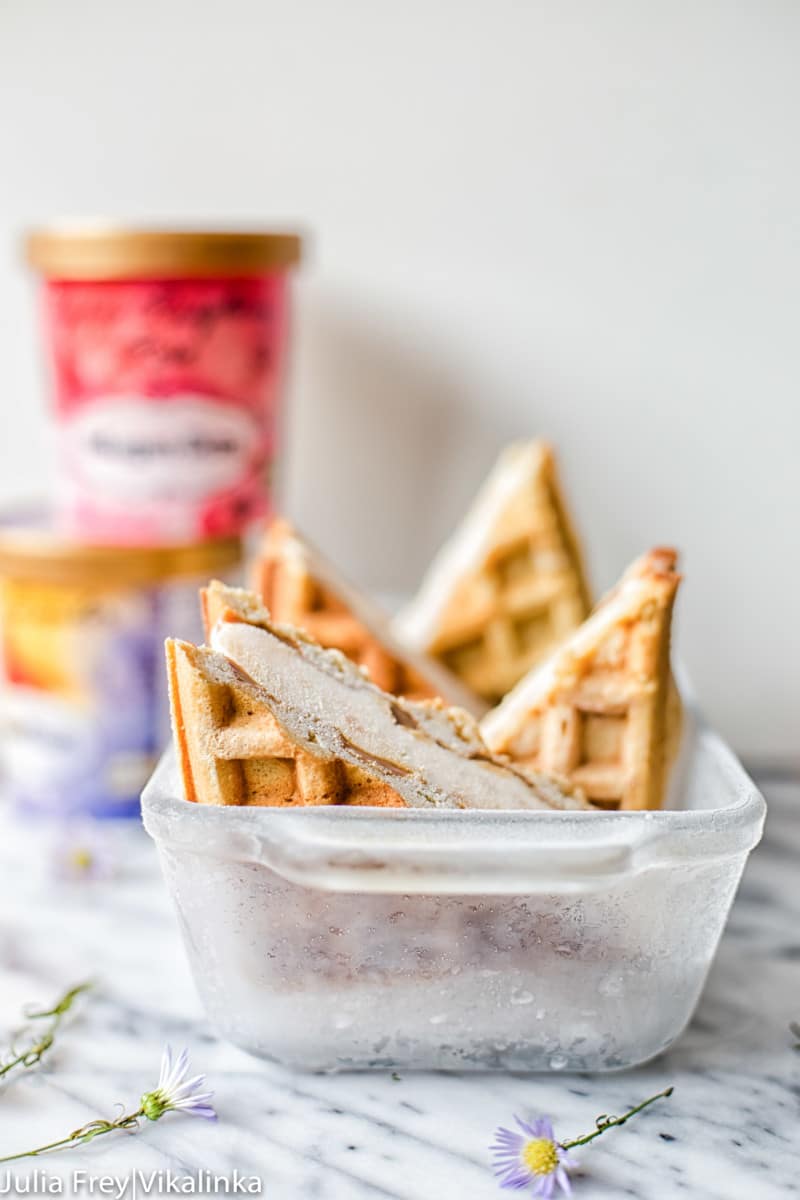 Frozen baking tin with waffle ice cream sandwiches inside