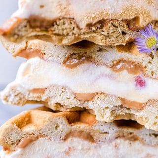 Stack of waffle ice cream sandwiches seen close up