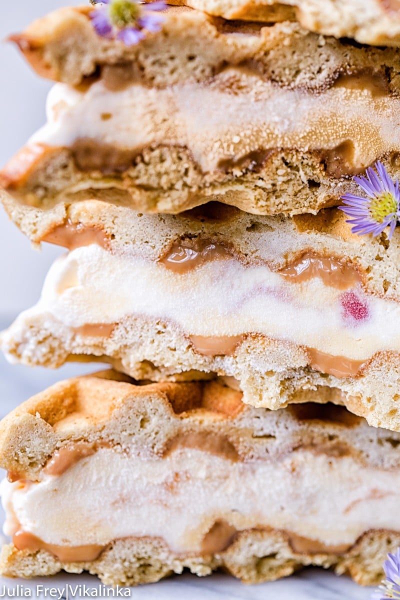 Stack of waffle ice cream sandwiches seen close up