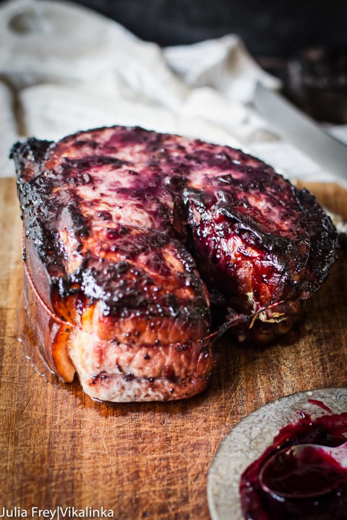 Glazed ham on a cutting board