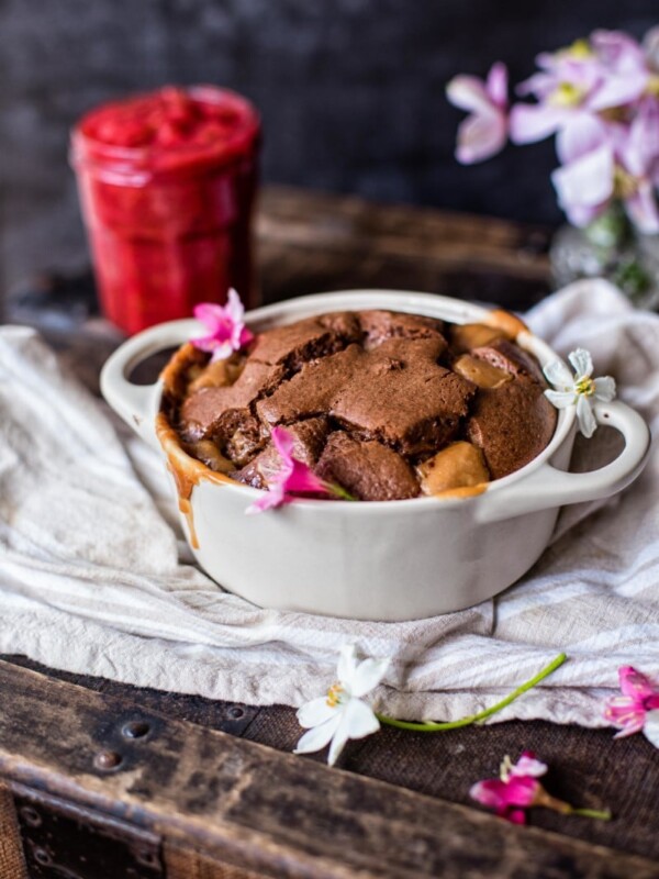 side shot of chocolate fudge cake in a baking dish