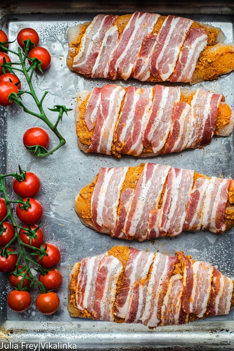 This bacon wrapped fish with sun-dried tomato pesto is the quickest dinner to make and requires only 4 ingredients!