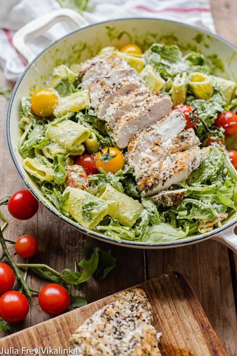 Pesto Pasta with Grilled Chicken, Cherry Tomatoes and Rocket