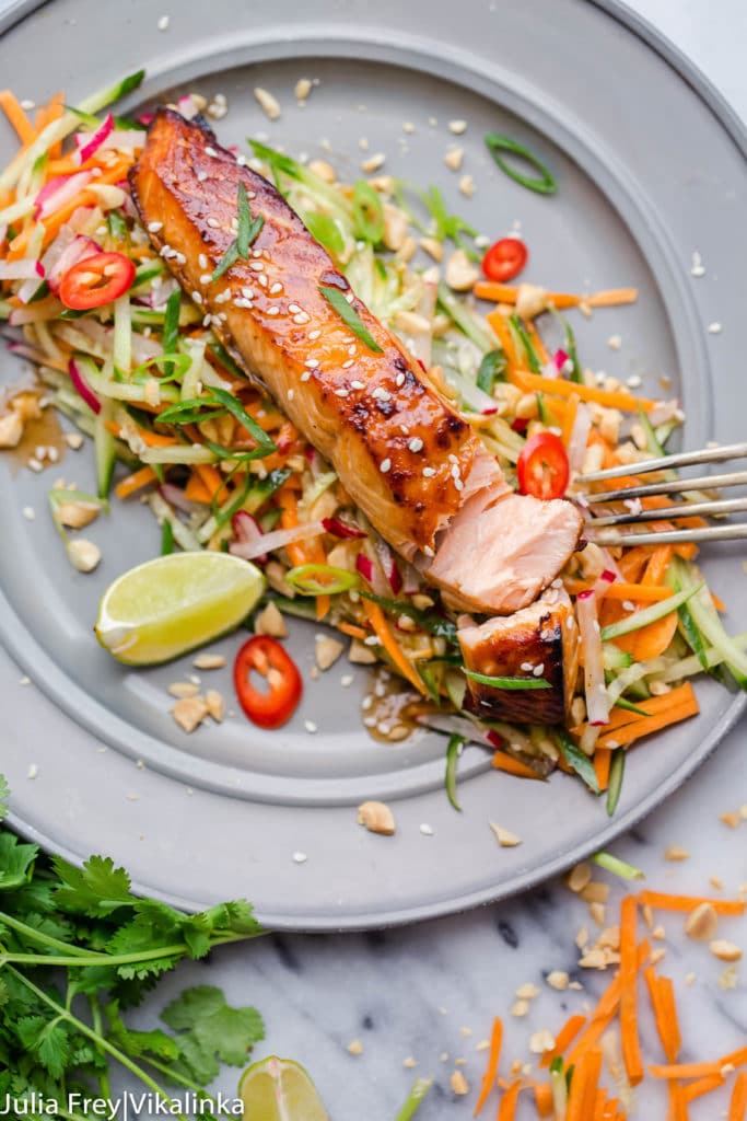 Asian Salmon with Carrot and Cucumber Slaw - Vikalinka