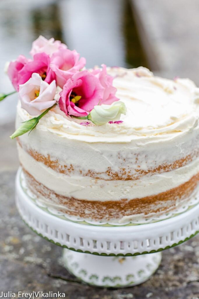 Side view of cake on a stand