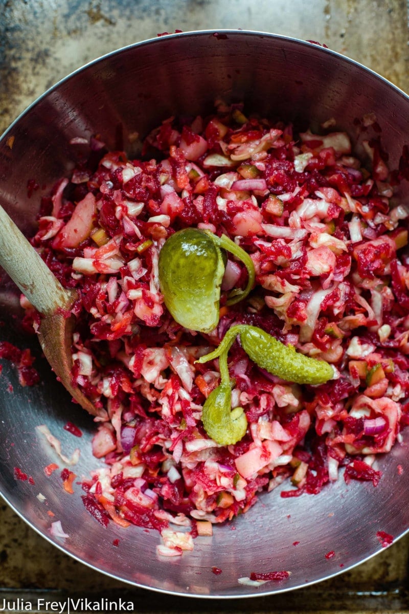 beetroot and sauerkraut salad with pickles 