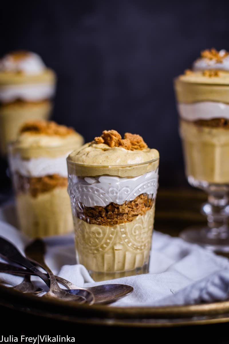 pumpkin mousse layered with crushed ginger cookies and whipped cream.