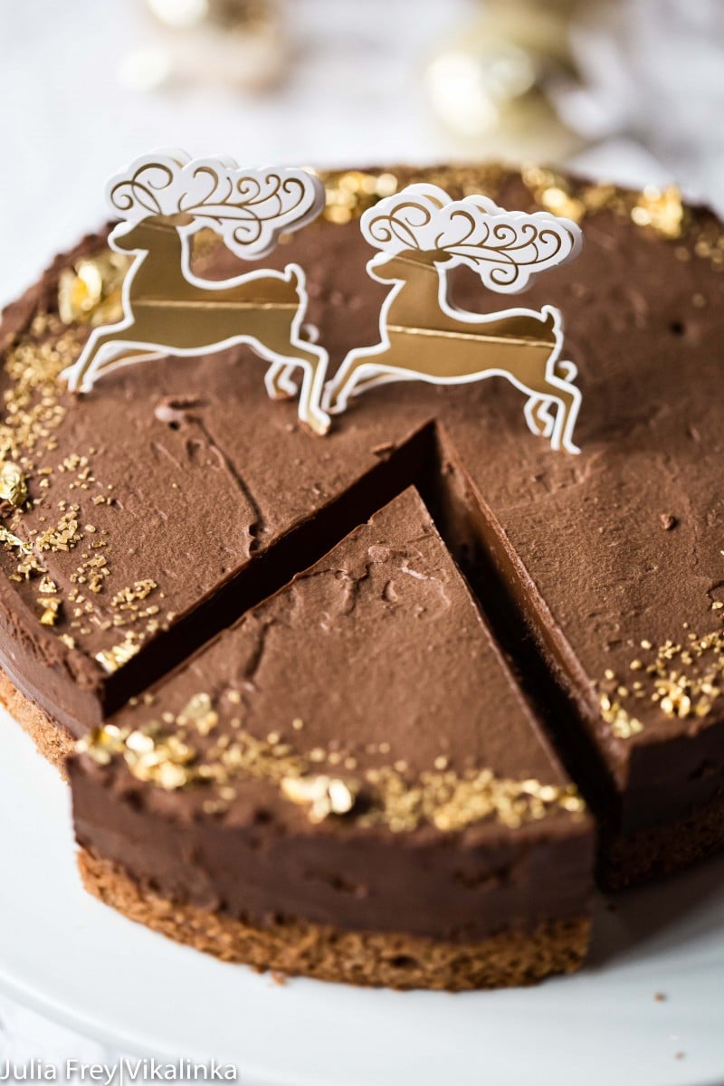 Chocolate truffle cake on a cake stand