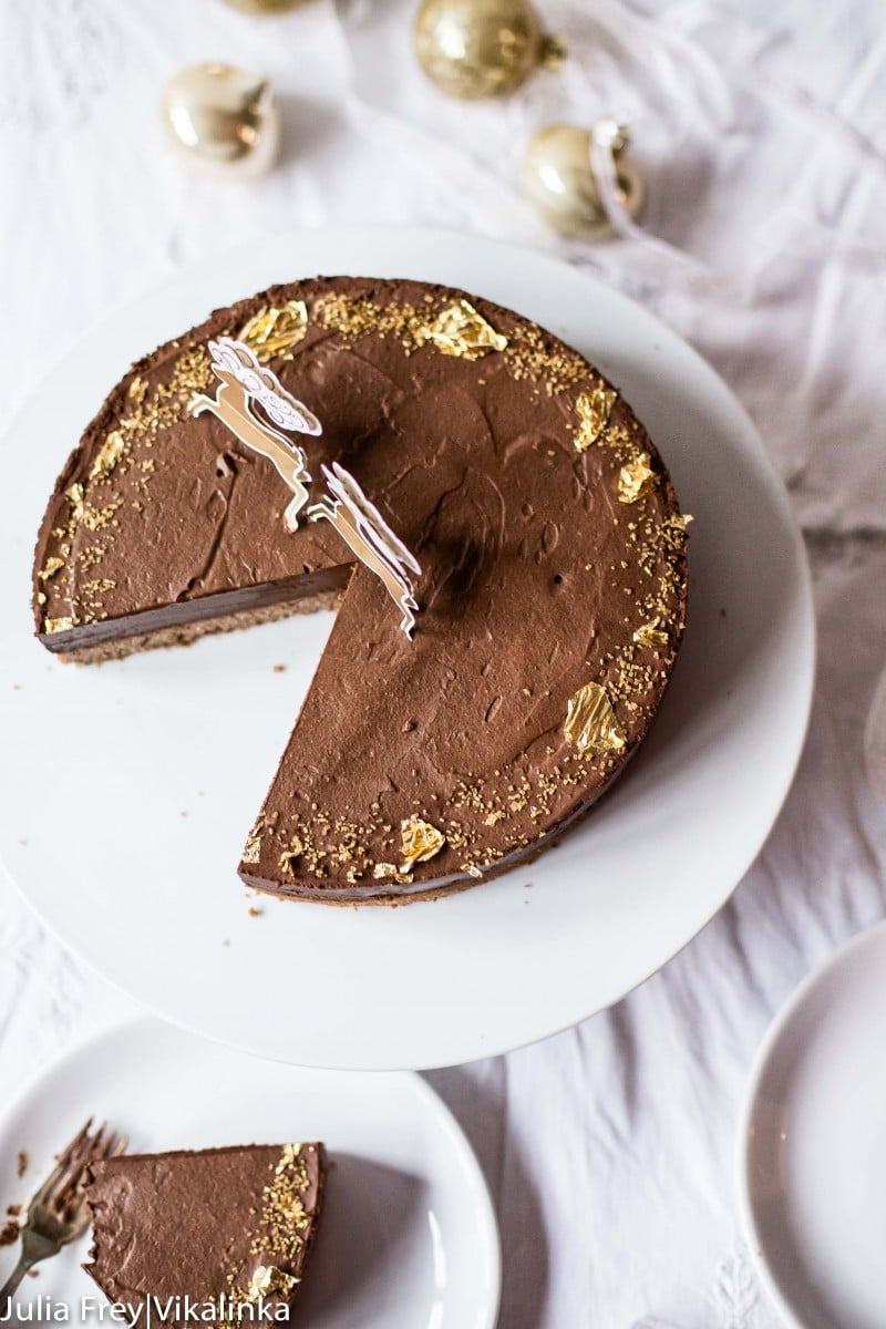 Top down view of cake with slice removed