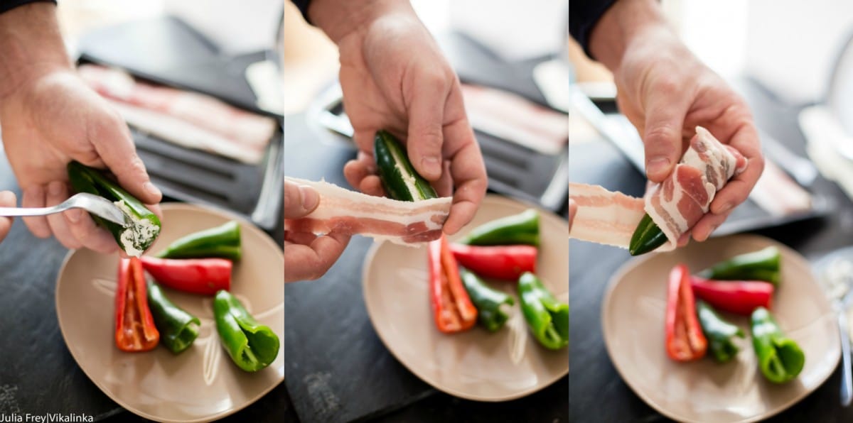 Process shot showing the pepper being stuffed and wrapped