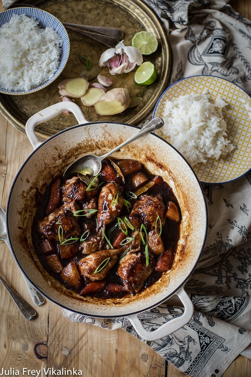 Top down photo of Filipino Chicken Adobo in a pot