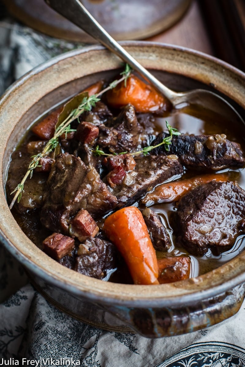 Beef Bourguignon in serving dish