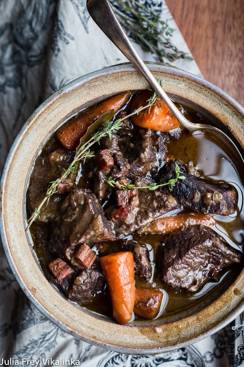 Top down of Beef Bourguignon in a serving dish