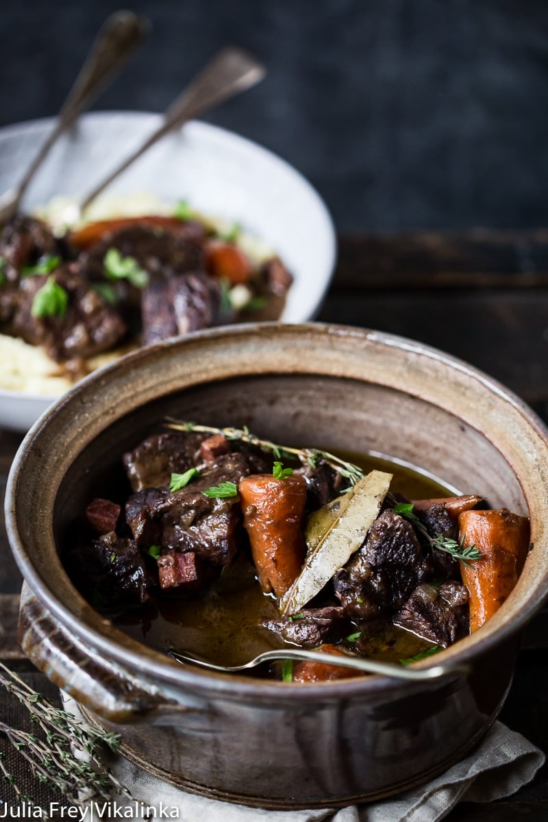 A serving dish with the stew