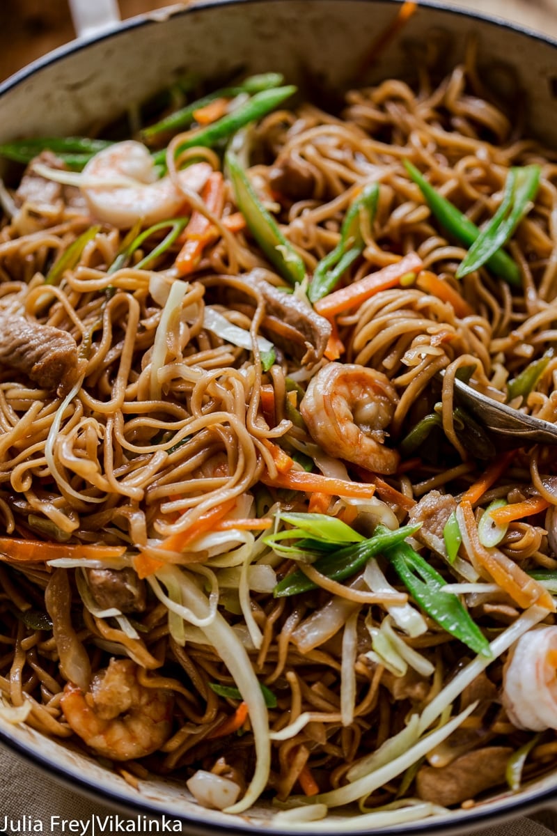 Filipino Noodles with pork, shrimp and vegetables aka Pancit Canton