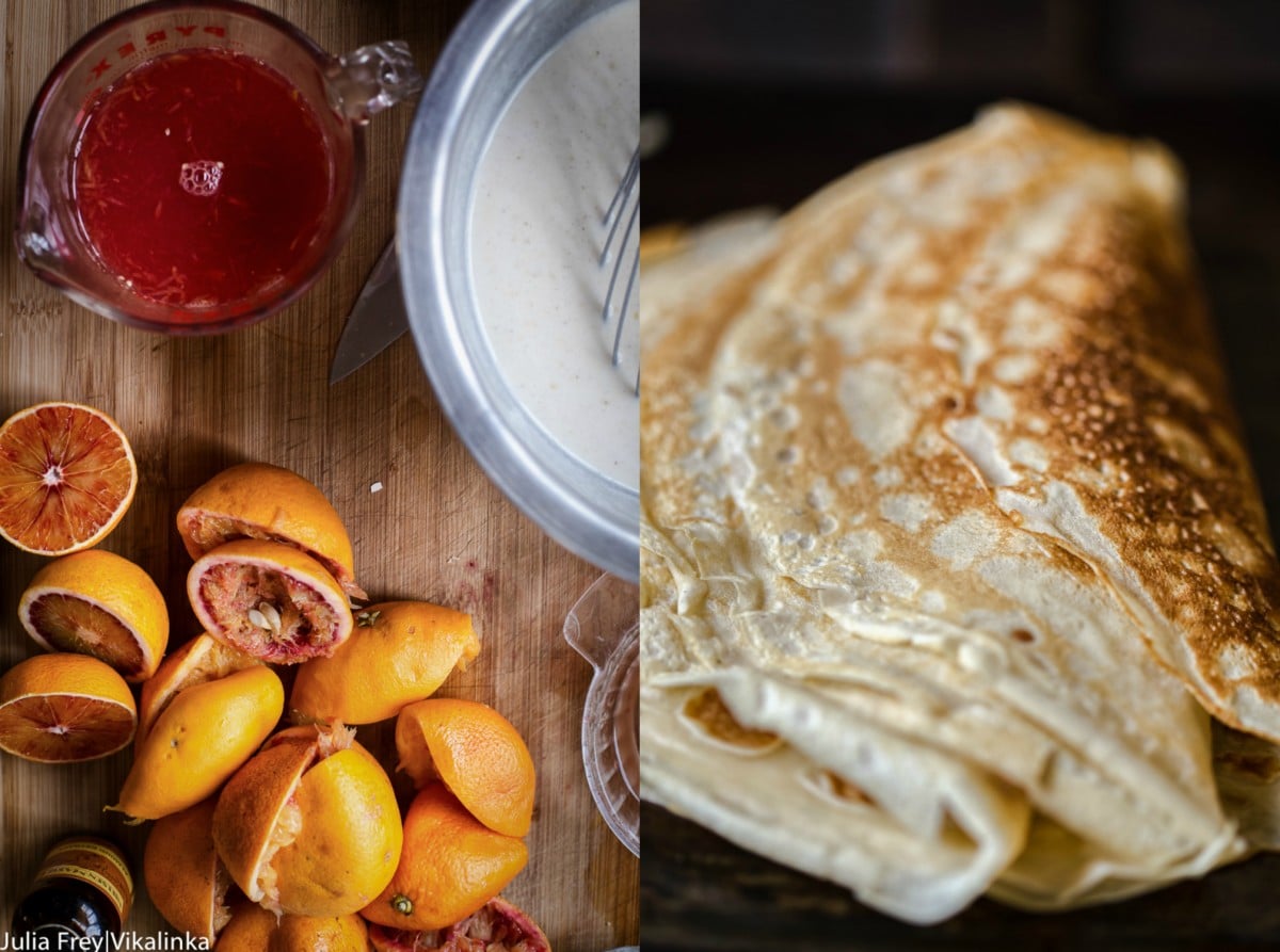 a collage of images for crepes and blood orange juice next to orange halves