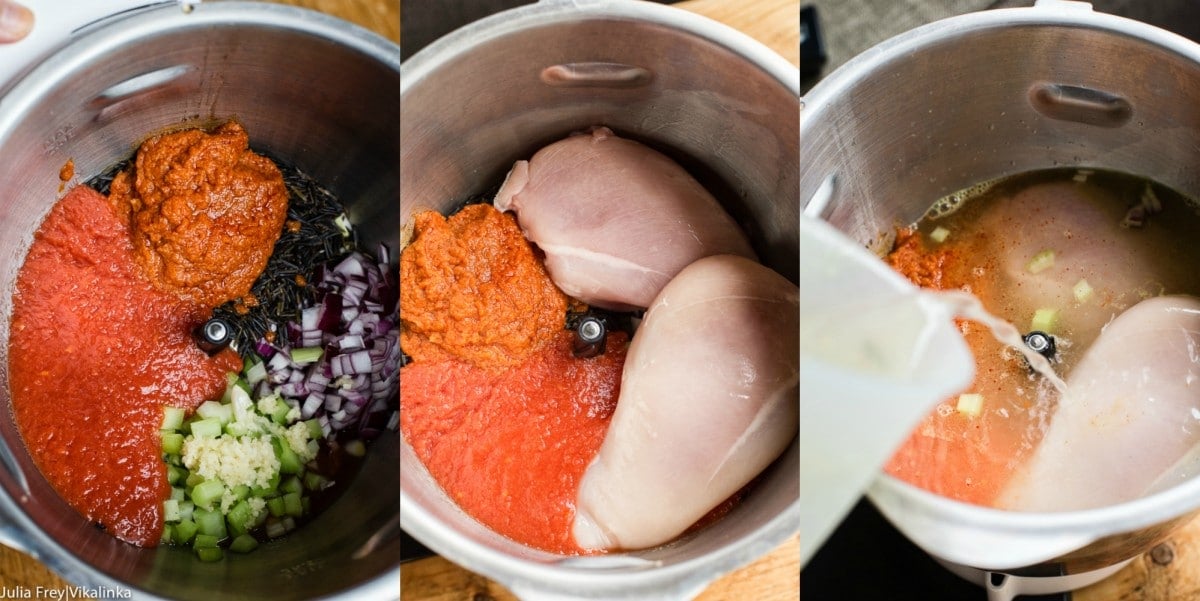 Chicken soup recipe process images in a slow cooker