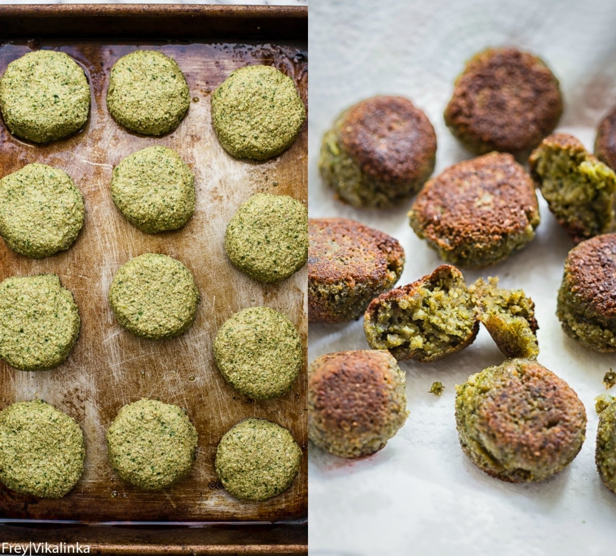 Before and after shots of raw and cooked falafel