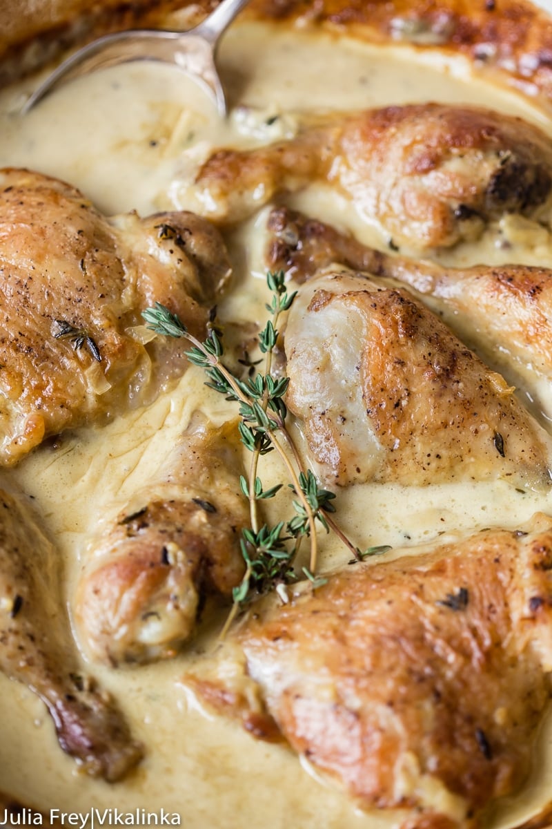 chicken thighs and legs in creamy mustard sauce with thyme