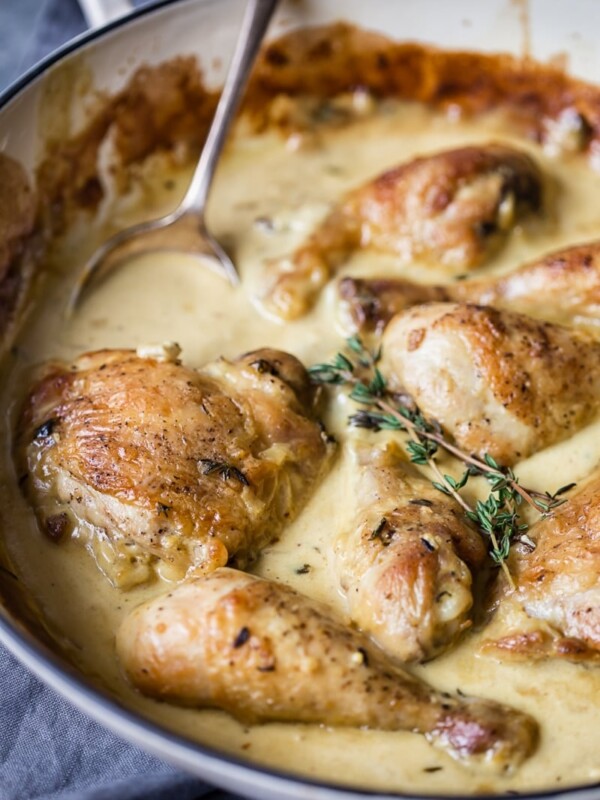chicken in mustard cream sauce in white pan
