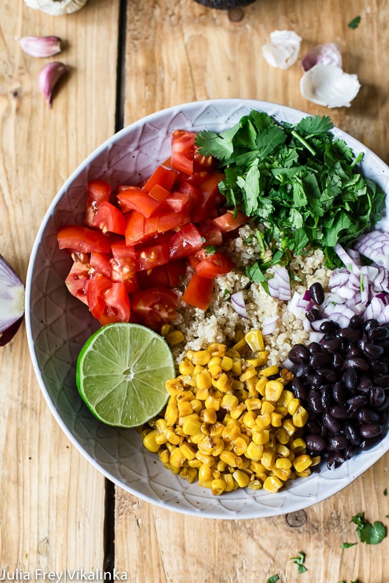 Chicken fajita bowl from the top down